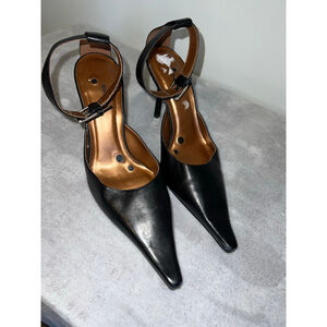 Pointed BRONX Black Leather Ankle Strap Heels Size 9.5